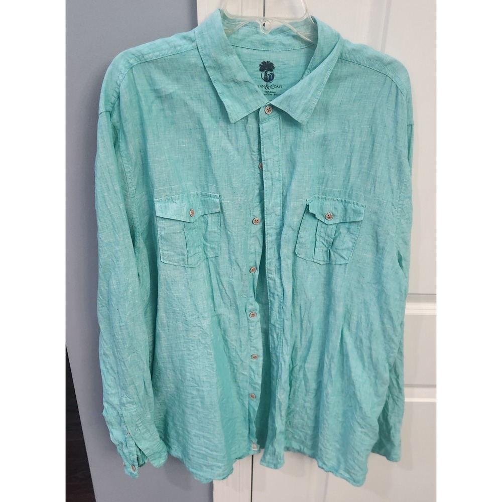 Ocean & Coast Mens Linen Long Sleeve Button Down Shirt Aqua Turquoise XXL
